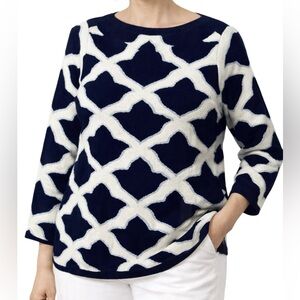 Islefield Womens Cashmere Sweater Size L White Blue Geometric Pullover Boat Neck